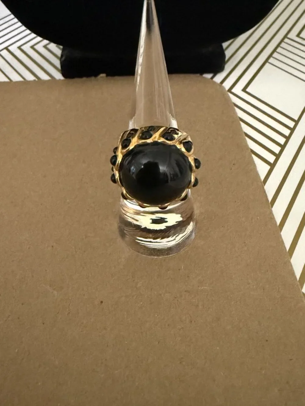 J Crew Adjustable Gold-Tone Ring Large Black Cabochon Statement Cocktail Sz 6-7